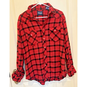 Wrangler Pearl Snap Shirt Mens Large Flannel Cowboy Western Plaid Red Pockets